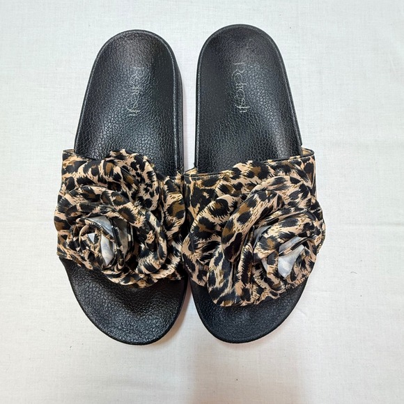 Refresh Shoes - Refresh Womens Leopard Print Rose Slide Sandals Black Tan Animal Print Size 9